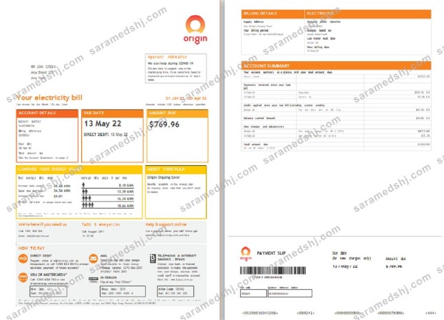 Origin utility bill template, in Word and PDF format, 4 pages